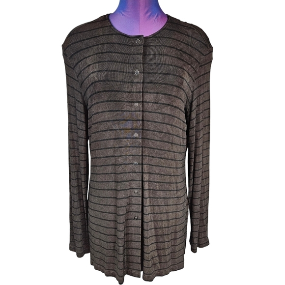 Chico's Travelers Brown & Black Striped Front Snap Cardigan Size Medium D103 - Picture 1 of 8